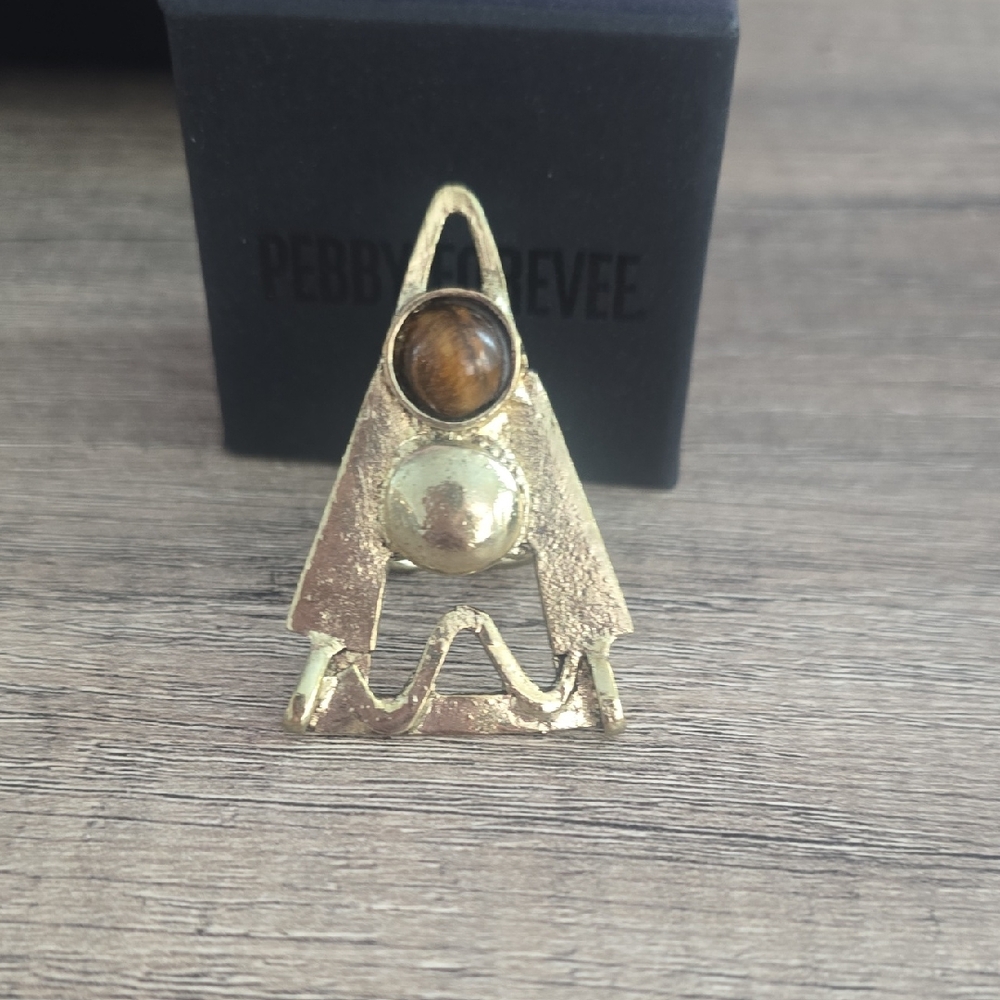 Gold-Tone Statement Ring with Brown Stone
